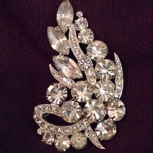 Signed Eisenberg Rhinestone Brooch, Rhodium Plated